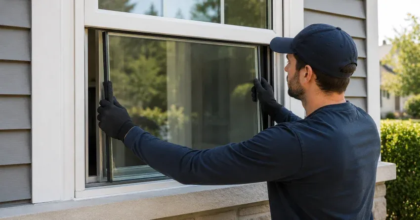 technician boarding up broken window during emergency glass repair Mitchell Corners