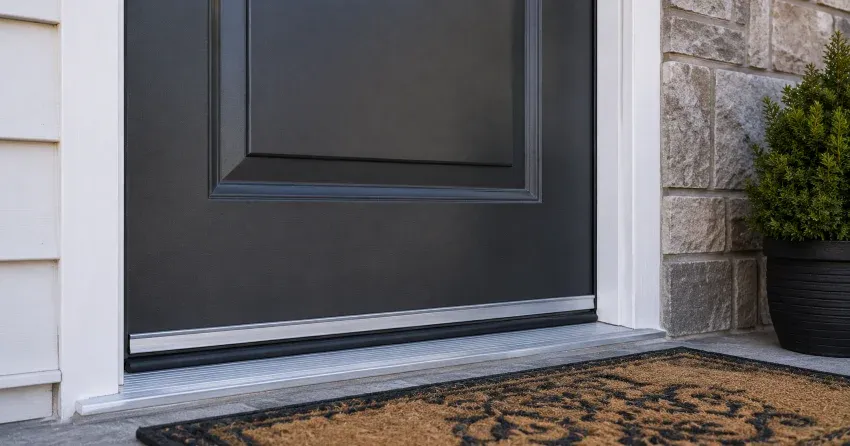 technician replacing worn door weatherstripping in Mitchell Corners home