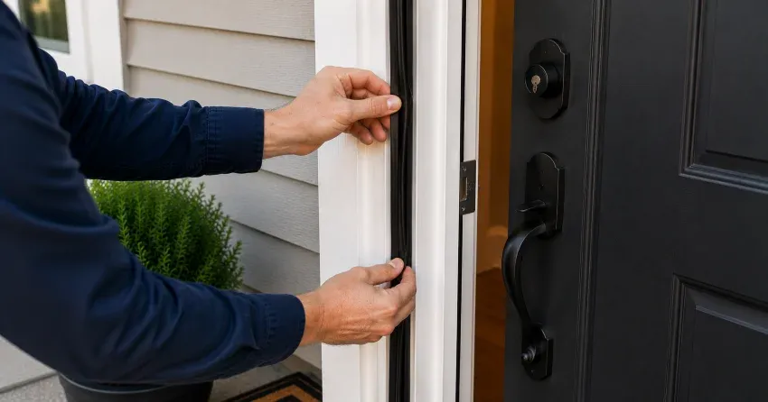 technician performing light test on door seal in Mitchell Corners