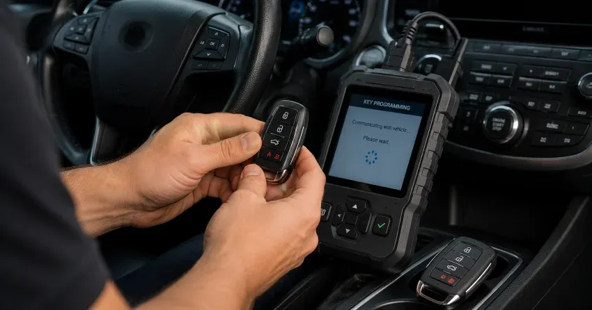 technician inspecting a worn car key before replacement in Mitchell Corners