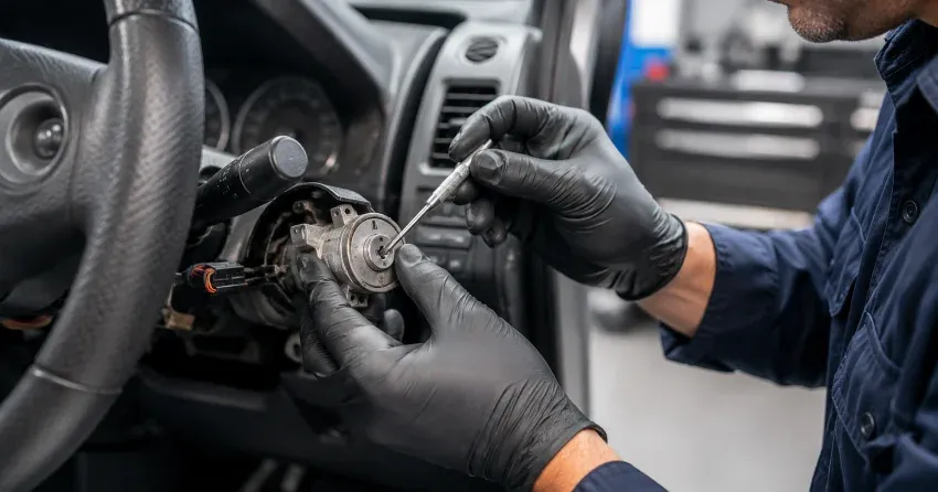 technician diagnosing an ignition lock repair issue in Mitchell Corners