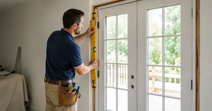 newly installed French doors with divided glass panes in Mitchell Corners