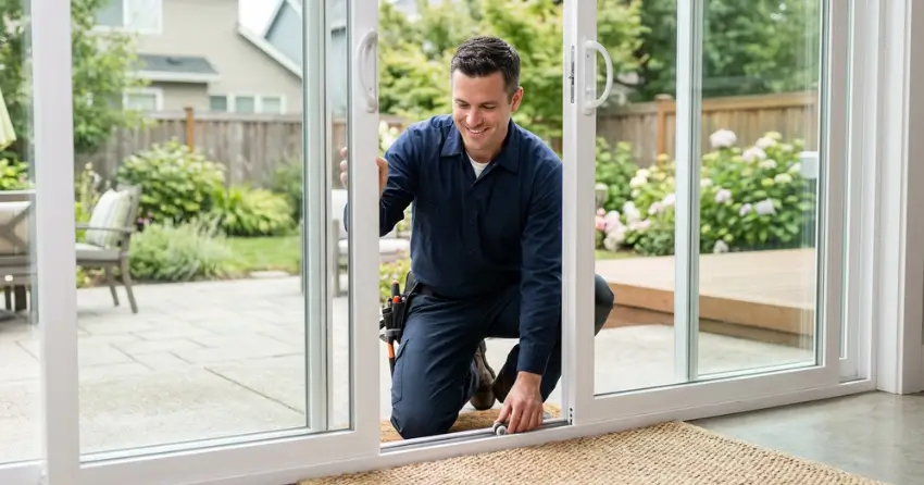 technician diagnosing a sticking patio door in Mitchell Corners