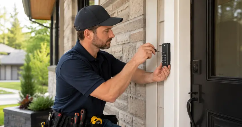 Technician installing an access control system keypad beside a residential front door in Mitchell Corners