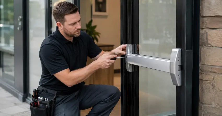 commercial locksmith repairing exit device on storefront door Mitchell Corners