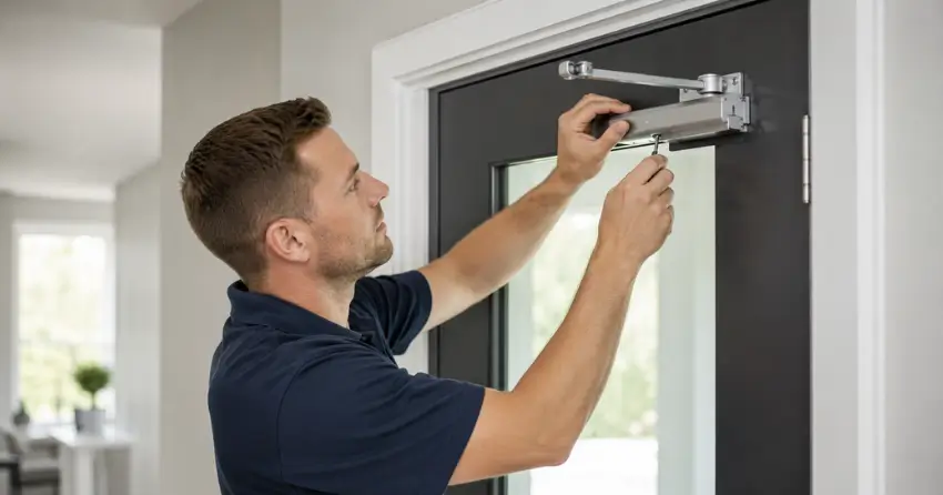 technician adjusting door closer hydraulic valve in Mitchell Corners home