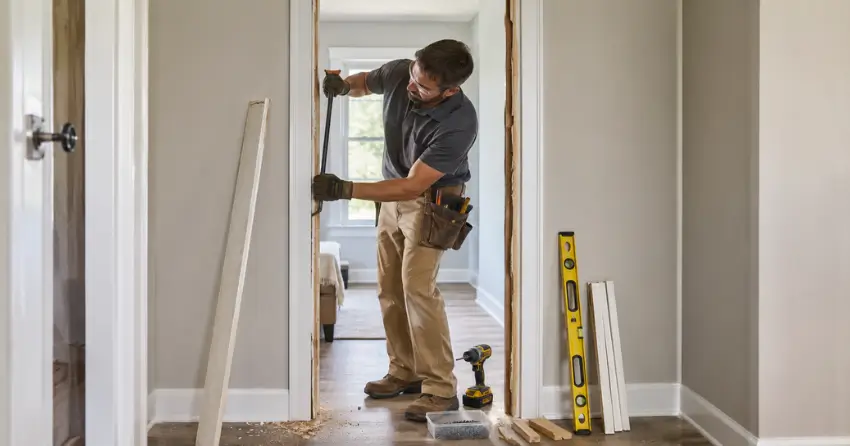 technician removing an old interior door frame during installation Mitchell Corners