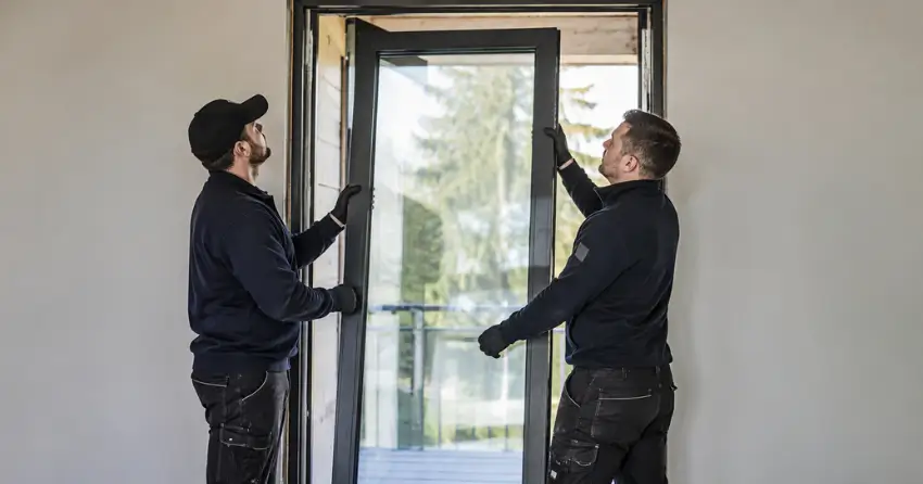 new glass panel being fitted into door frame in Mitchell Corners