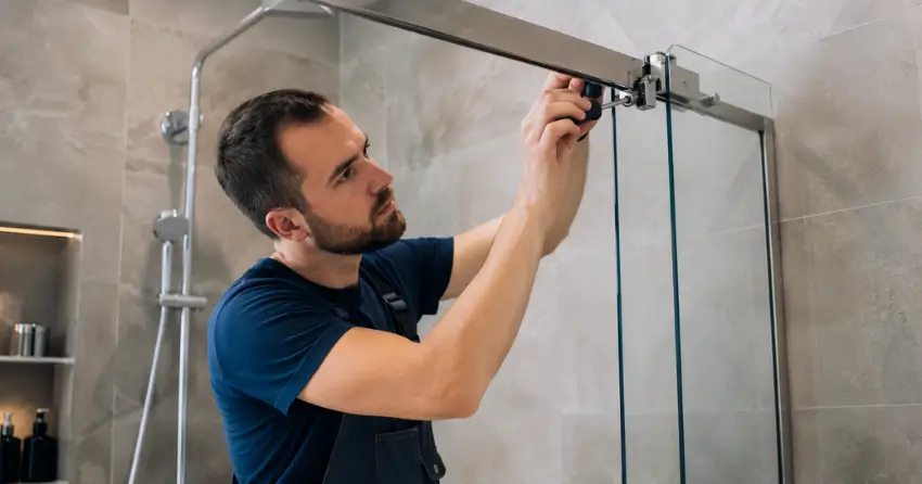 technician adjusting shower door hinge and track in Mitchell Corners