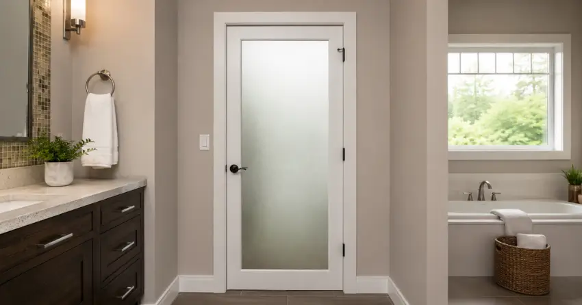 frosted glass panel bathroom door installed in a Mitchell Corners home