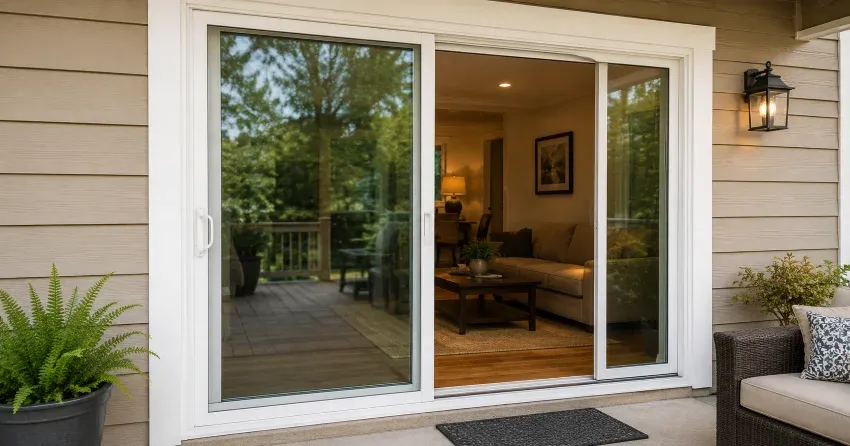 Patio Door Installation technician setting a new frame in Mitchell Corners