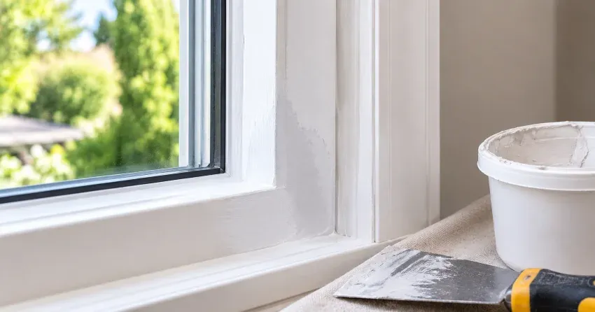 technician repairing rotted window frame corner in Mitchell Corners