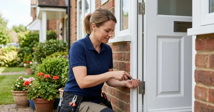 technician repairing exterior door hinge and frame in Mitchell Corners