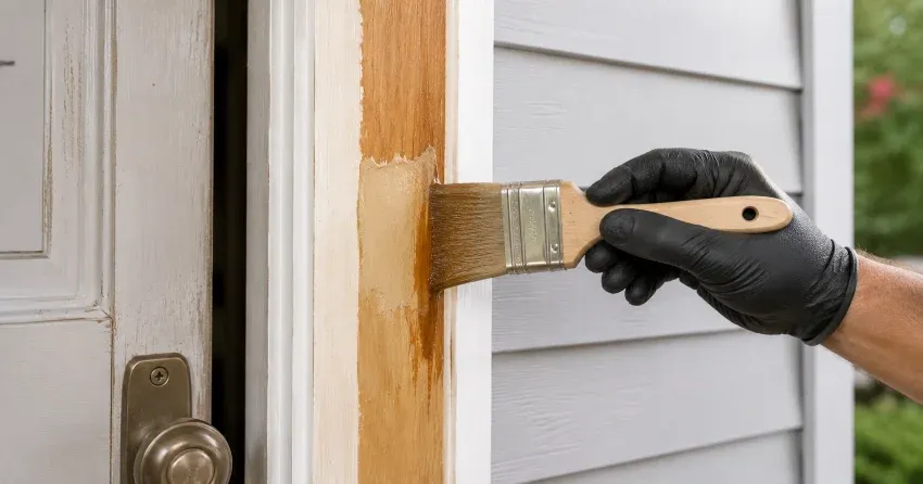 technician probing rotted wood on a door frame in Mitchell Corners