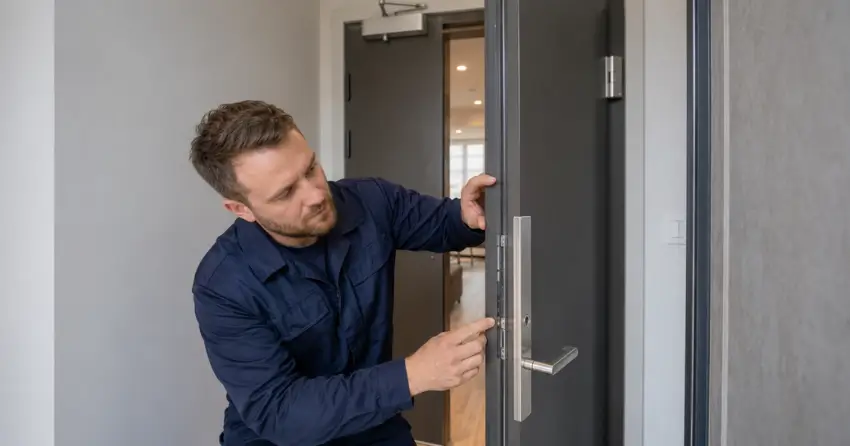 technician inspecting fire-rated door seal and hardware in Mitchell Corners