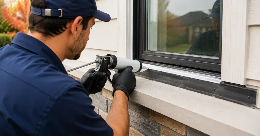 technician inspecting window flashing for leak source in Mitchell Corners