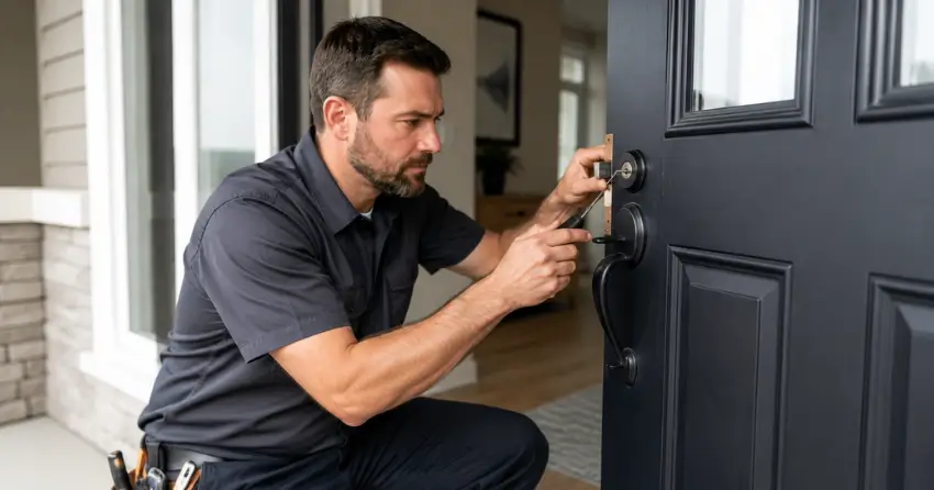 licensed locksmith technician working on residential deadbolt in Mitchell Corners