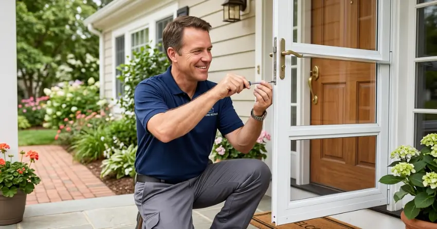 technician adjusting storm door hinge and closer in Mitchell Corners